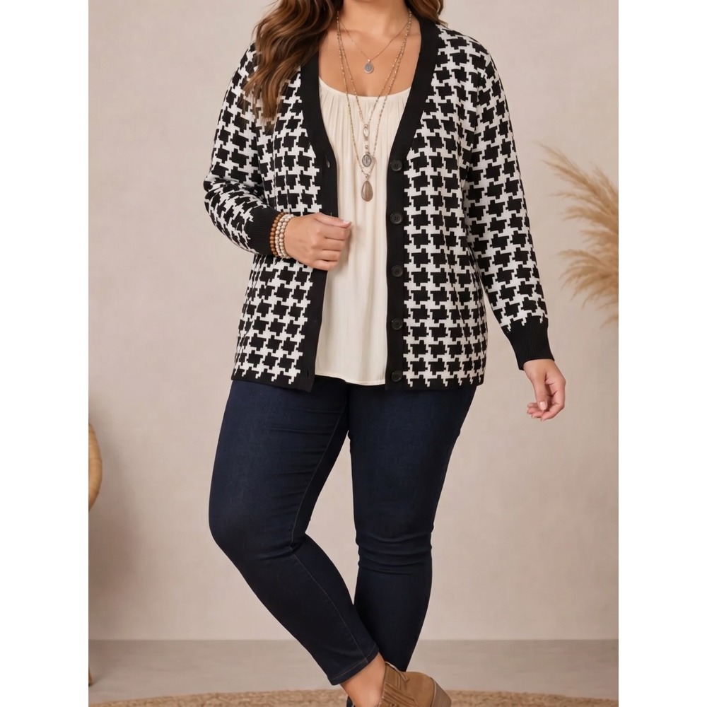 Ninety Clothing Co 1X Black White Houndstooth Button Front Cardigan Sweater